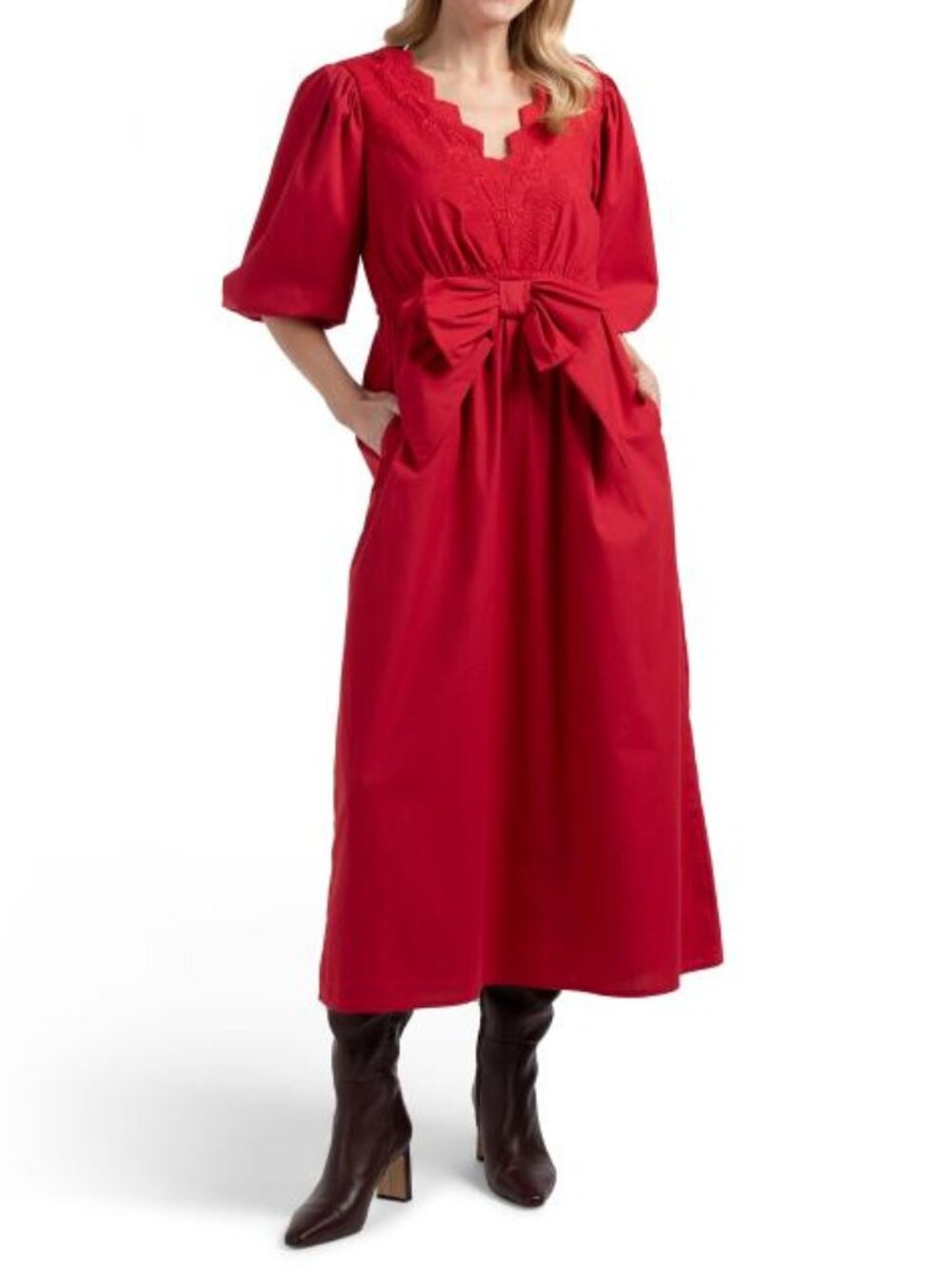 LEA Puff Sleeve Embroidered Bow Dress